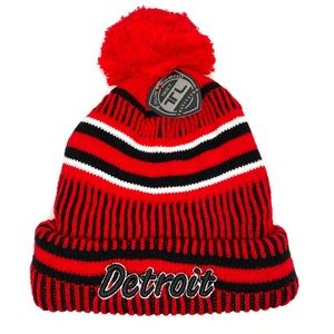 New Detroit Men’s Red/ Black/ White Striped Beanie Winter Pom Knit Hat